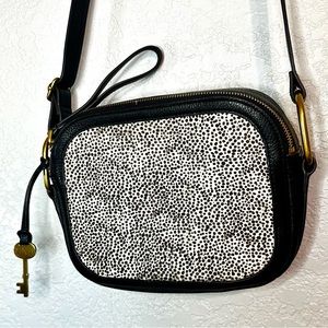 Fossil Black Elle Crossbody Bag Animal Print Cow Hide